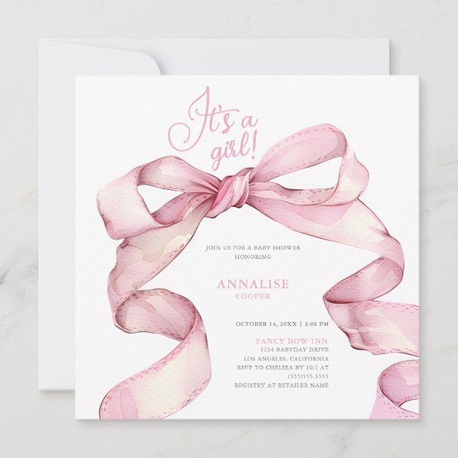 Invitación Bow rosado Es un Baby Shower Chica (Anverso)