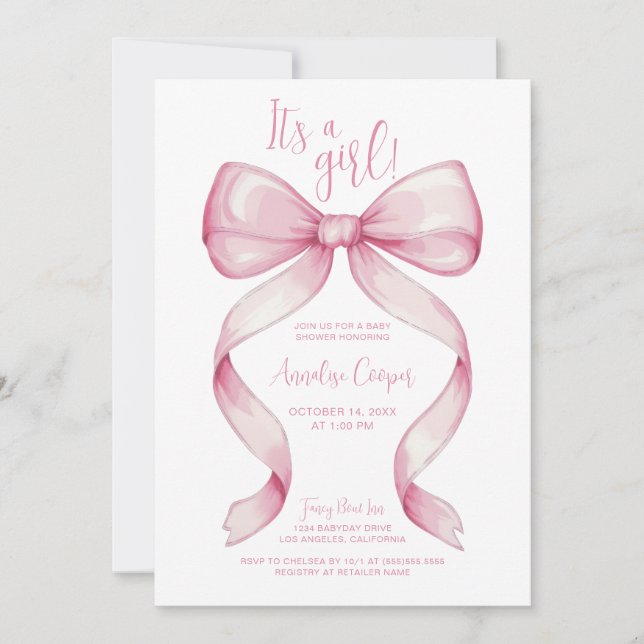 Invitación Bow rosado Es un Baby Shower Chica (Anverso)