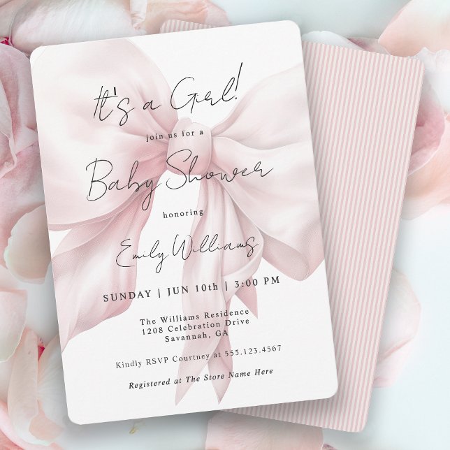 Invitación Bow rosado Es un Baby Shower Chica (Available in both printed and instant download digital formats.)