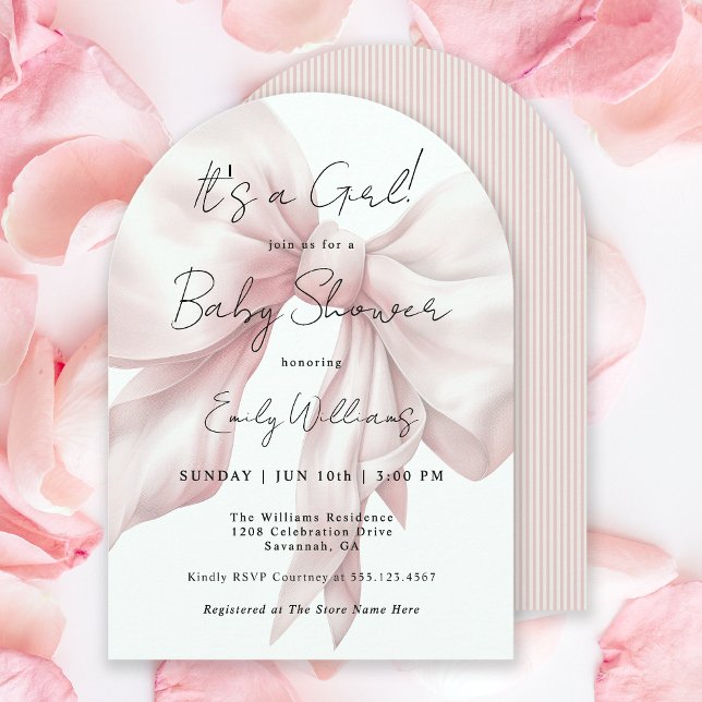 Invitación Bow rosado Es un Baby Shower Chica (Available in both printed and instant download digital formats.)