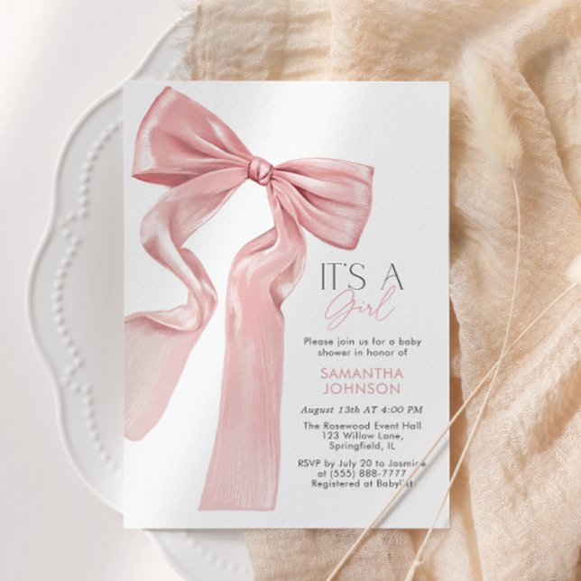 Invitación Bow rosado Es un Baby Shower Chica (Subido por el creador)