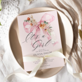 Invitación Bow rosado es un Baby Shower floral Chica