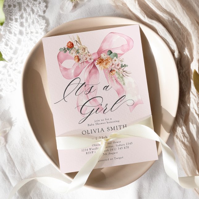 Invitación Bow rosado es un Baby Shower floral Chica (Subido por el creador)