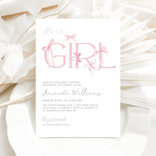 Invitación Bow rosado Es un Baby Shower moderno Chica (Subido por el creador)