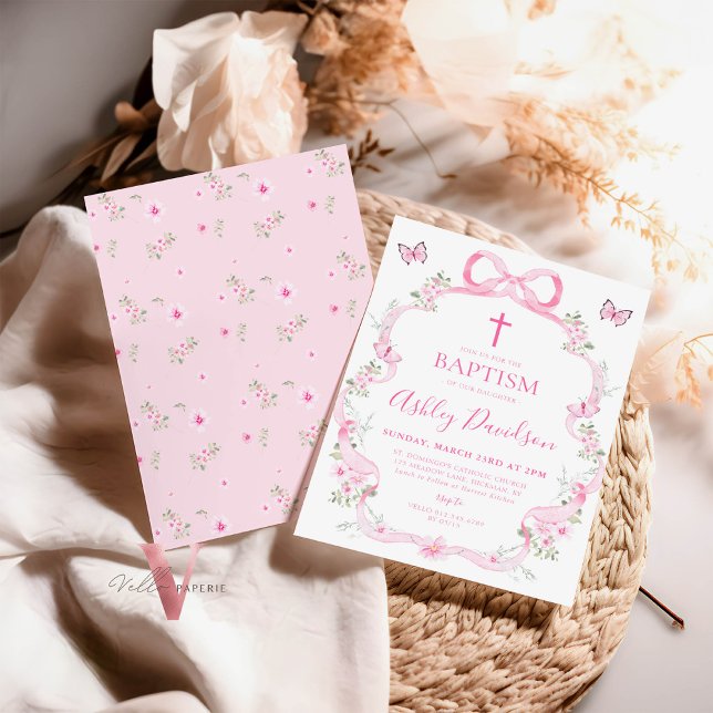 Invitación Bow Rosado Flor de Flor Silvestre Bautismo Cristia (Subido por el creador)