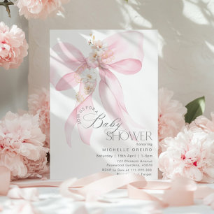 Invitación Bow Rosado Floral Bebé Shower