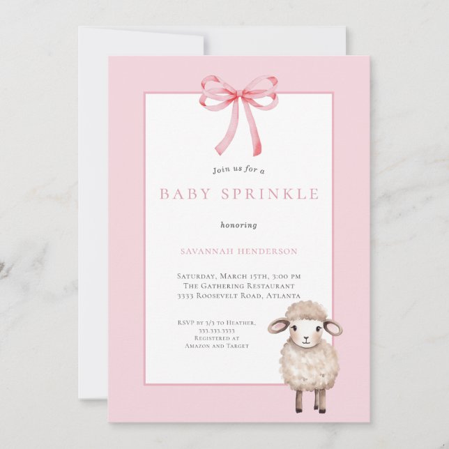 Invitación Bow Rosado Leche de Bebé de Cordero Pequeño (Anverso)