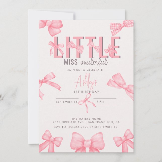 Invitación Bow rosado lindo primer cumpleaños de Chica (Anverso)