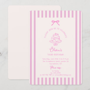 Invitación Bow rosado, rosa rayado Cumpleaños púrpura