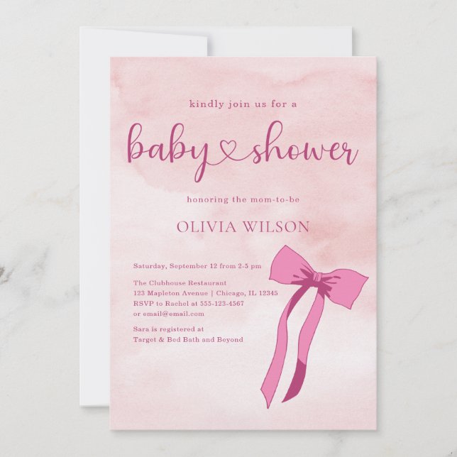 Invitación Bow Rubor Pink Watercolor Ribbon Baby Shower (Anverso)