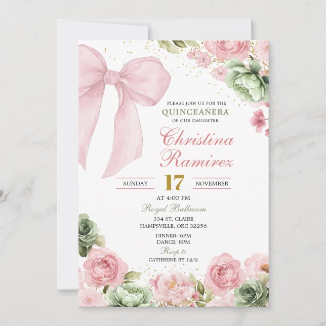 Invitación Bow Sage Coquette Floral Quinceanera (Anverso)