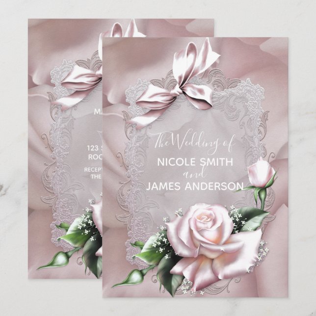 Invitación Bow satinado rosado de Rubor y Boda romántico Rosa (Anverso / Reverso)