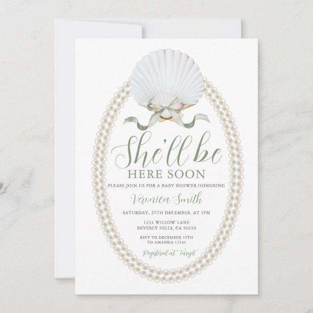 Invitación Bow She'll Be Here Soon Sea Shell Cute Baby Shower (Anverso)