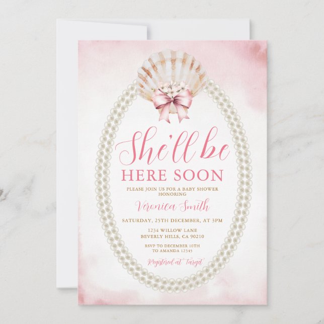 Invitación Bow She'll Be Here Soon Sea Shell Cute Baby Shower (Anverso)