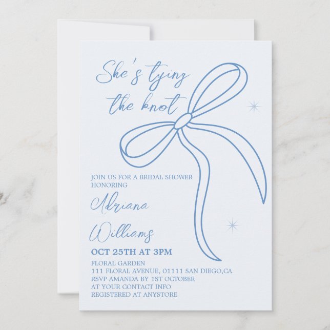Invitación Bow simple ducha de novia azul (Anverso)