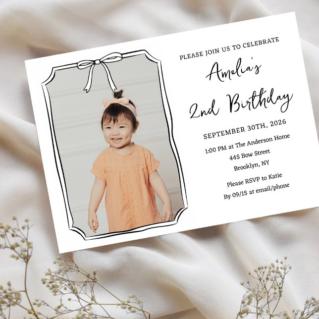 Invitación Bow simple foto foto niños blancos y negros Cumple (Subido por el creador)