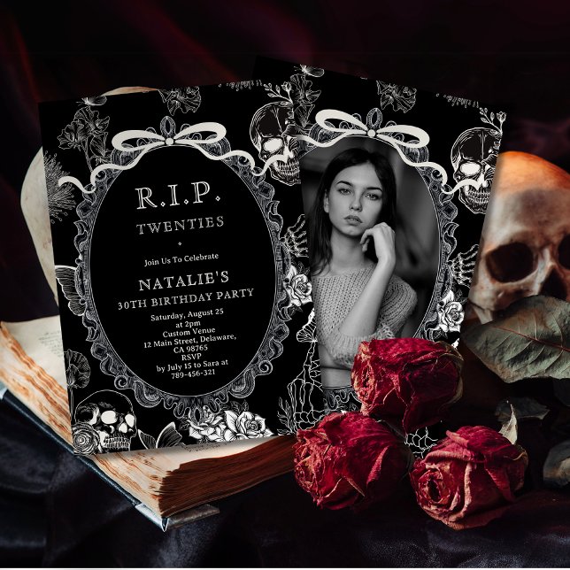 Invitación Bow Skull RIP 20s 30th Birthday Party Youth Photo (Bow Skull RIP 20s 30th Birthday Party Youth Photo Invitation)