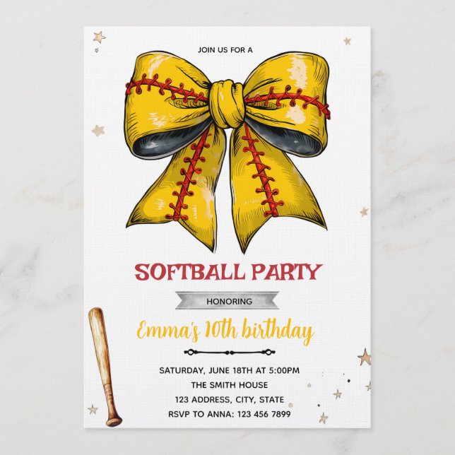 Invitación Bow softball party invitation (Anverso)