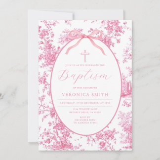 Invitación Bow Something Pink Vintage Baptism Cross Floral