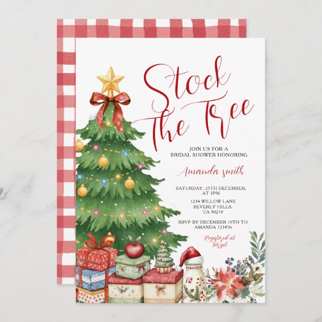 Invitación Bow Stock the Tree Christmas Bridal Shower Floral (Anverso / Reverso)