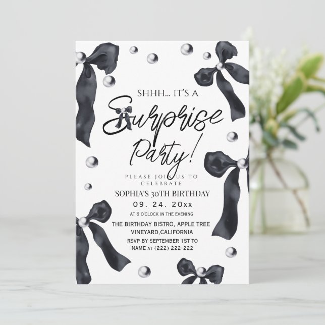 Invitación  Bow Surprise 30th Birthday Party  (Anverso de pie)