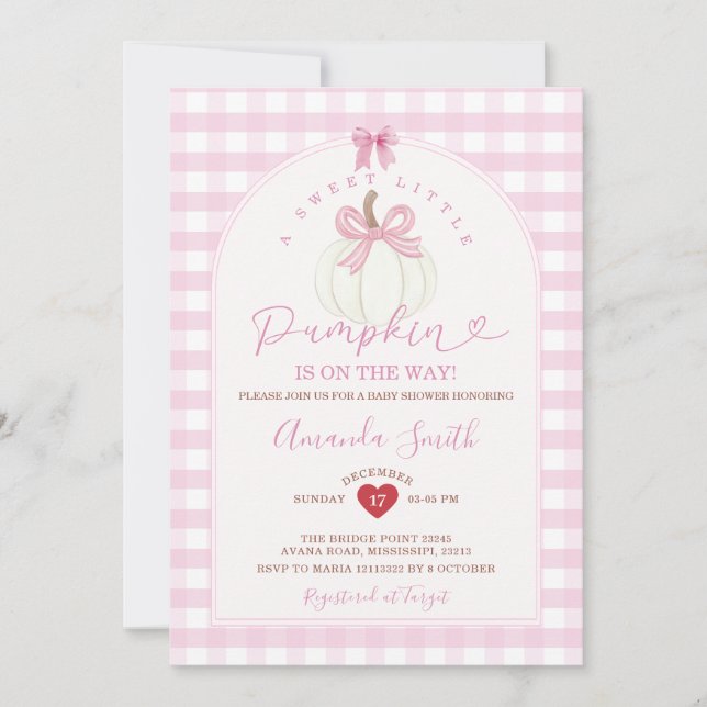 Invitación Bow Sweet Little Pumpkin Pink Gingham Baby Shower (Anverso)