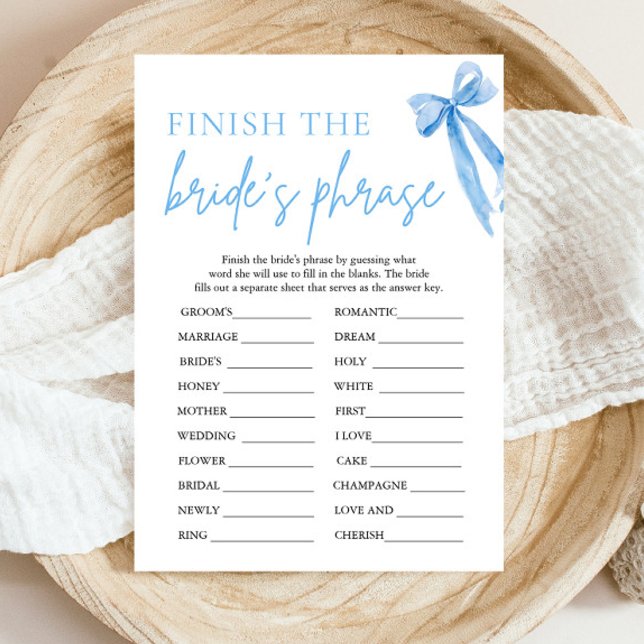 Invitación Bow termina el juego de ducha de novia con frases (Modern Watercolor Dusty Blue Bow Finish the Bride's Phrase Bridal Shower Game)