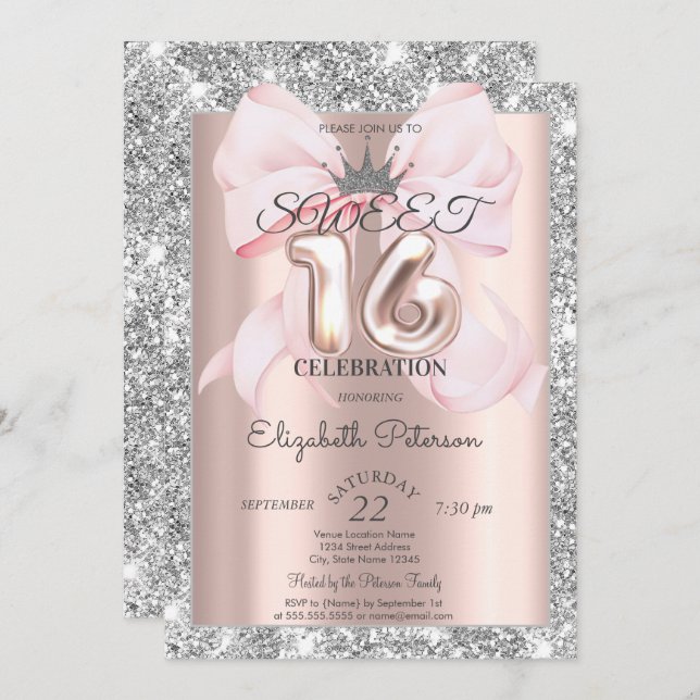 Invitación Bow,Tiara,Rose Gold Silver Glitter Sweet 16  (Anverso / Reverso)