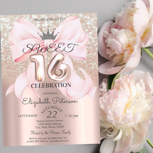 Invitación Bow,Tiara,Rose Gold Sweet 16 Glitter Bokeh (Subido por el creador)