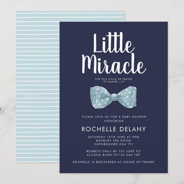 Invitación Bow tie Blue Little Miracle Baby Shower (Anverso / Reverso)
