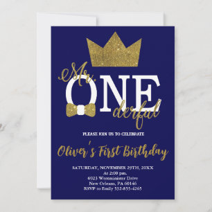Invitación Bow Tie, Navy & Gold Little Man, Mr Onemaravilloso