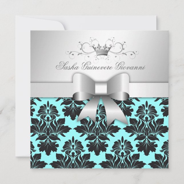 Invitación Bow Turquesa Damask 311-Blackberry| Dulce 16 (Anverso)