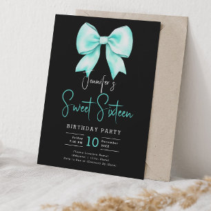 Invitación Bow Turquoise Coquette Script Sweet 16 Black