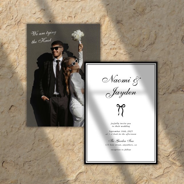Invitación Bow Vintage Classic Black & White Photo Wedding (Subido por el creador)