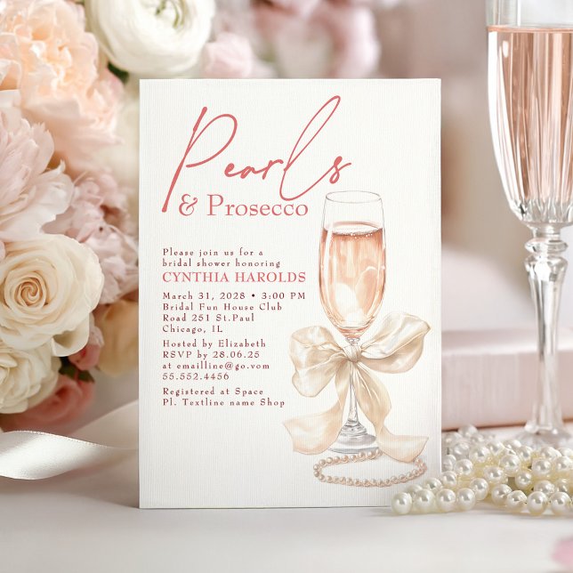 Invitación Bow White Pearls & Prosecco Rosé Bridal Shower (Creamy White and Blush Bow Pearls and Prosecco Bridal Shower Invitation)