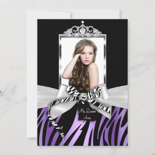 Invitación Bow y estampado de cebra Quinceañera morado negro 