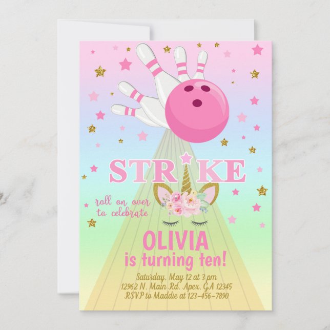 Invitación Bowling and unicorn girl birthday invit (Anverso)