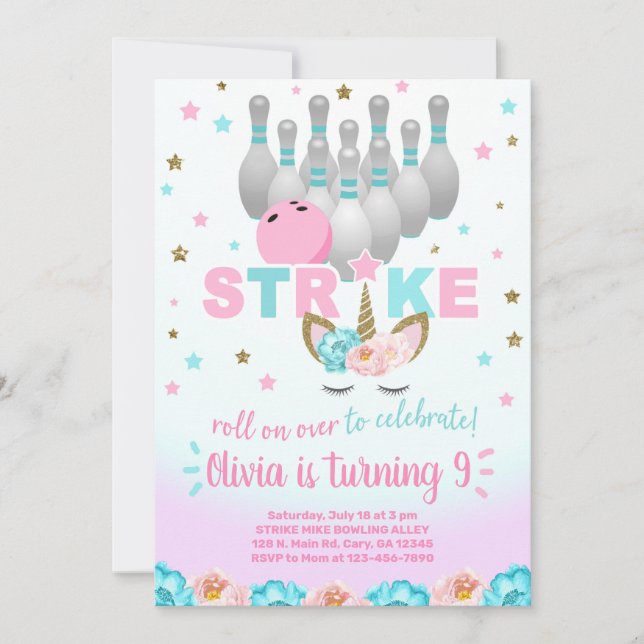 Invitación Bowling and unicorn girl birthday invite. (Anverso)