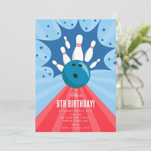 Invitación Bowling Ball Strike Up Some Fun Blue Red Birthday  (Anverso de pie)