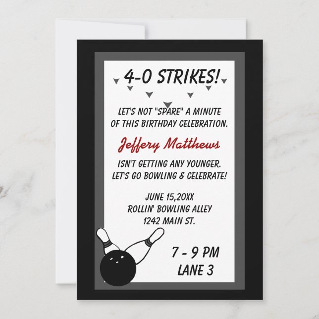 Invitación Bowling Birthday Party Black Gray Age personalizab (Anverso)