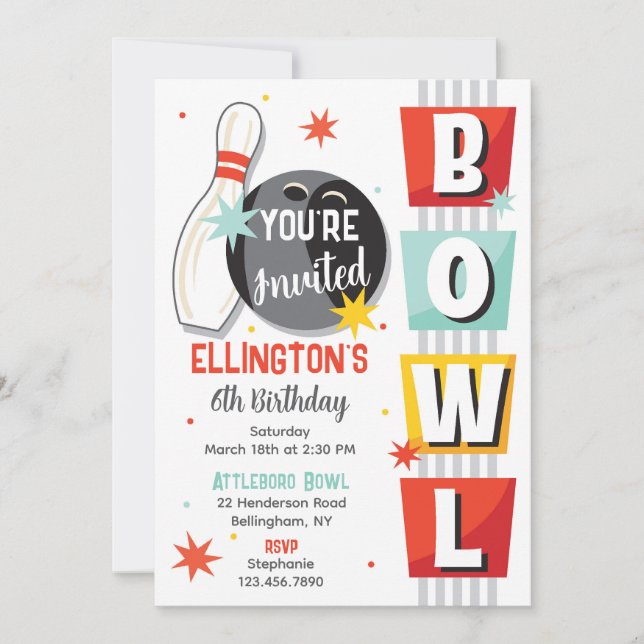 Invitación Bowling Birthday Party Retro (Anverso)