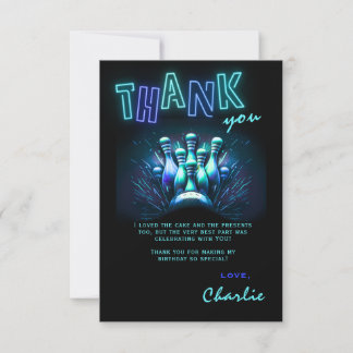 Invitación Bowling Birthday Thank You Card Boys Blue Neon