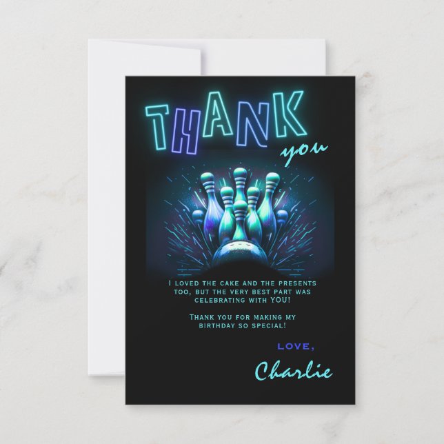 Invitación Bowling Birthday Thank You Card Boys Blue Neon (Anverso)