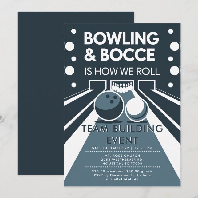 Invitación Bowling Bocce Team Building Church Business Blue (Anverso / Reverso)