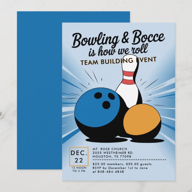 Invitación Bowling Bocce Team Building Church Business Blue (Anverso / Reverso)