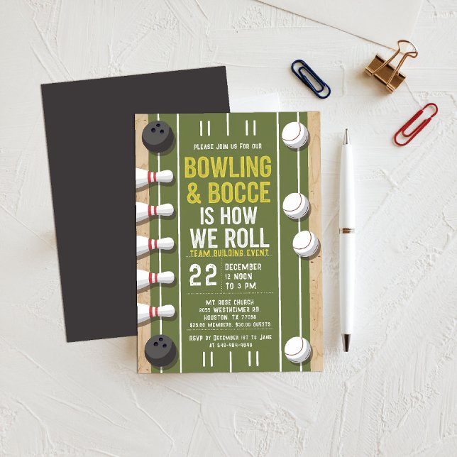 Invitación Bowling Bocce Team Building Church Business Sports (bowling bocce invitation sports themed company team building church event gathering green white)