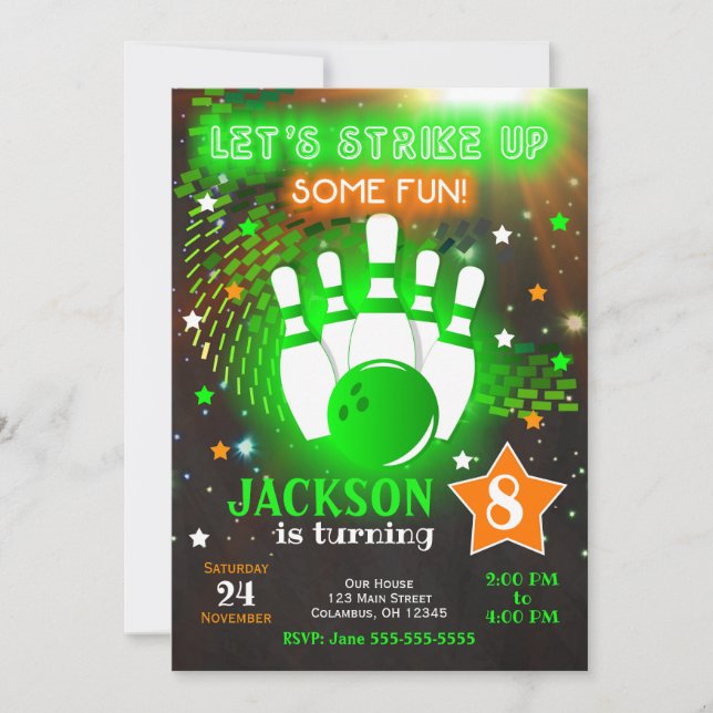 Invitación Bowling Invitation Glow Neon Boy Bowling Birthday (Anverso)