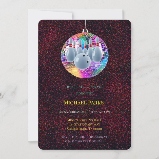 Invitación Bowling Neon Disco Ball Purpurina Fiesta de cumple (Anverso)