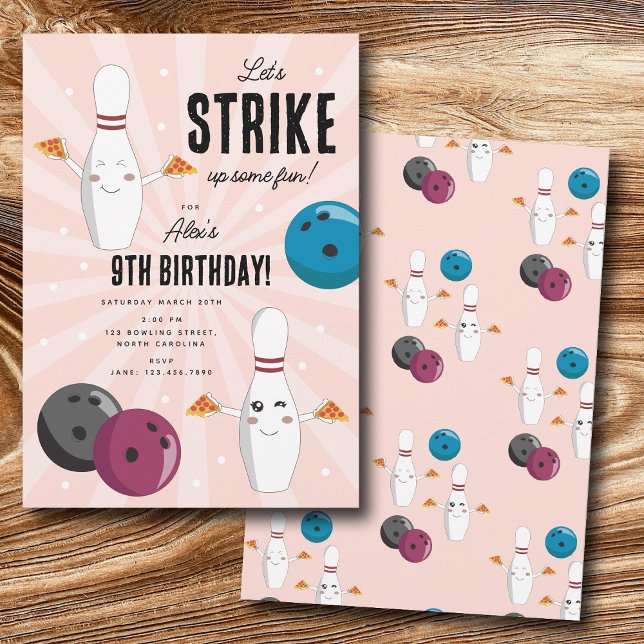 Invitación Bowling Pizza Strike Algunos Divertidos Niños Cump (Bowling Pizza Strike Up Some Fun Kids Birthday Invitation)