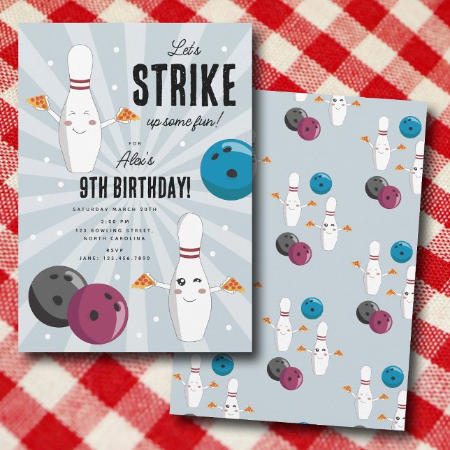 Invitación Bowling Pizza Strike Algunos Divertidos Niños Cump (Bowling Pizza Strike Up Some Fun Kids Birthday Invitation)